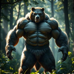 A powerful, muscular male hybrid creature, combining features of a human and a bear