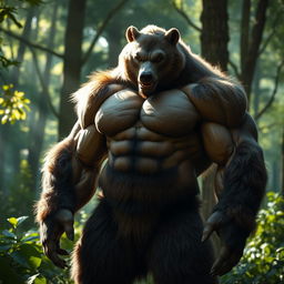 A powerful, muscular male hybrid creature, combining features of a human and a bear