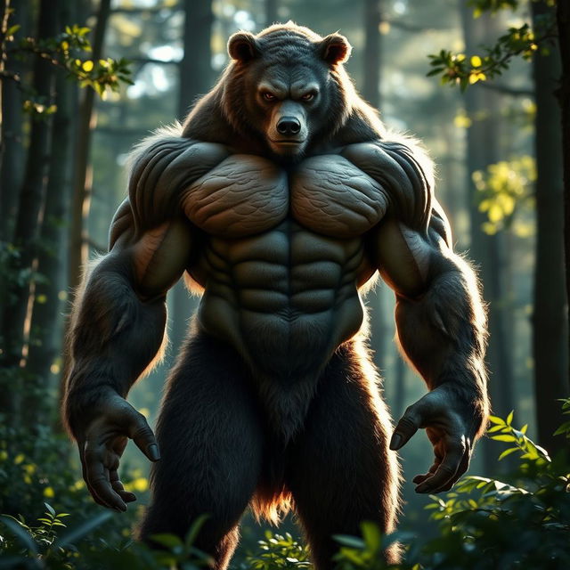 A powerful, muscular male hybrid creature, combining features of a human and a bear