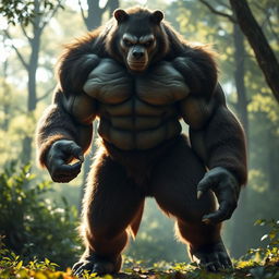A powerful, muscular male hybrid creature, combining features of a human and a bear