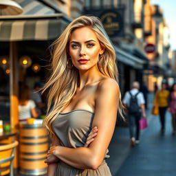 A realistic and beautiful woman, approximately 30-35 years old, of European descent, with flowing blonde hair and an attractive figure, standing confidently in full height while looking directly at the camera