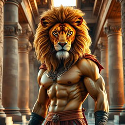 A striking and majestic human figure featuring a lion's head, embodying a blend of animalistic power and human elegance