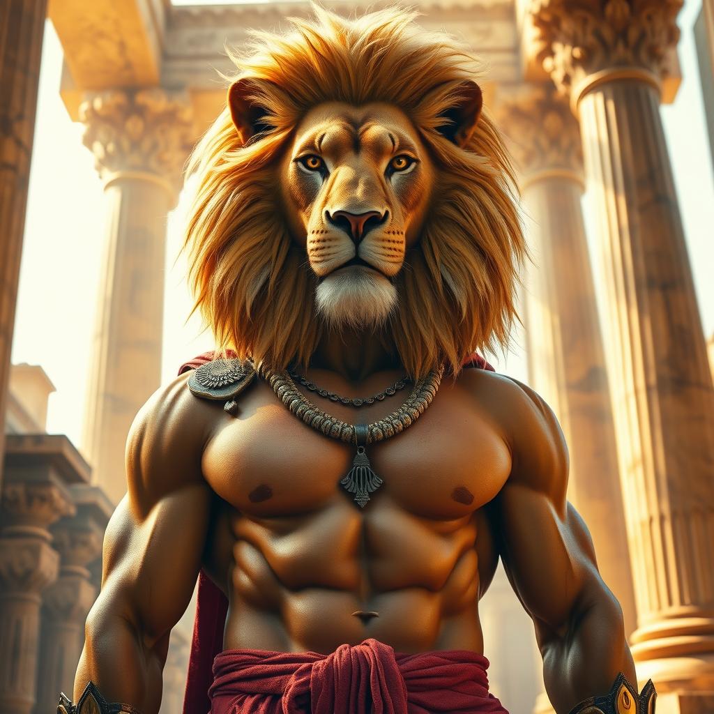 A striking and majestic human figure featuring a lion's head, embodying a blend of animalistic power and human elegance