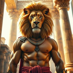 A striking and majestic human figure featuring a lion's head, embodying a blend of animalistic power and human elegance