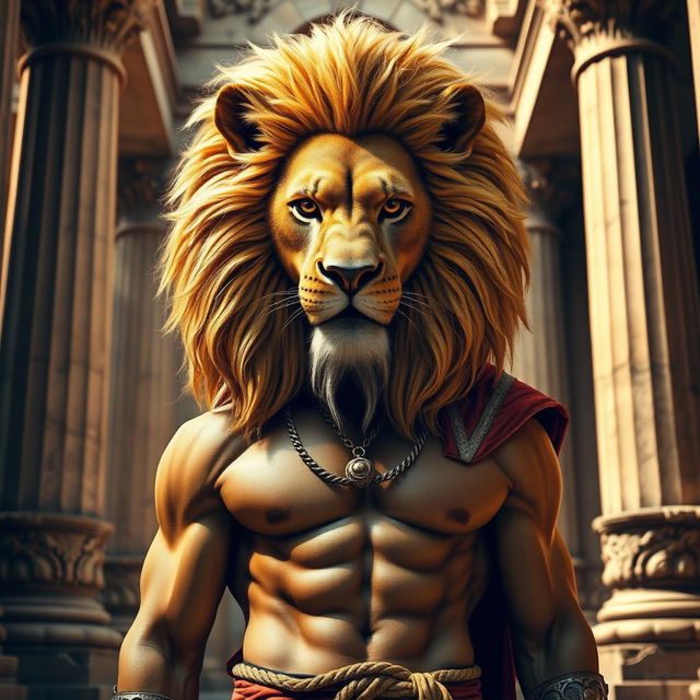 A striking and majestic human figure featuring a lion's head, embodying a blend of animalistic power and human elegance