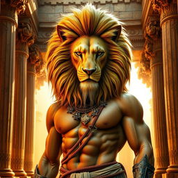 A striking and majestic human figure featuring a lion's head, embodying a blend of animalistic power and human elegance