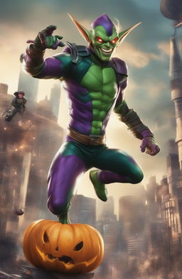 A 32k resolution poster featuring the Green Goblin from Marvel Legends on his hoverboard