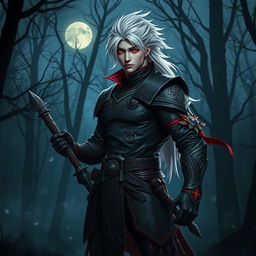 A male variant Aasimar Blood Hunter, exuding a powerful presence as he stands poised with a rapier in hand