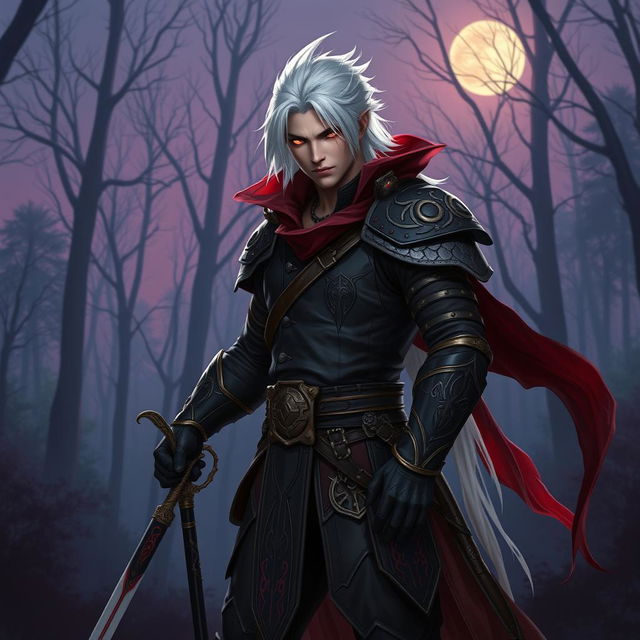 A male variant Aasimar Blood Hunter, exuding a powerful presence as he stands poised with a rapier in hand