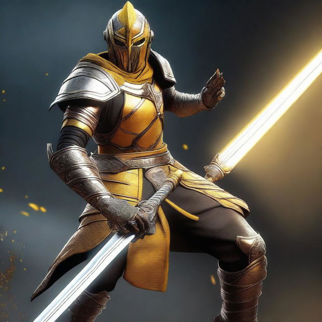 A semi-realistic digital art image of a Githyanki Fighter in leather armor, wielding a silver greatsword