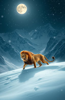 A majestic lion gracefully crossing a rugged mountain landscape at night, surrounded by swirling snow and fierce blizzard conditions