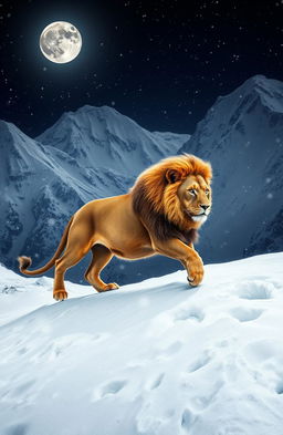 A majestic lion gracefully crossing a rugged mountain landscape at night, surrounded by swirling snow and fierce blizzard conditions