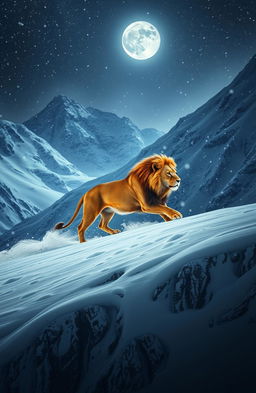 A majestic lion gracefully crossing a rugged mountain landscape at night, surrounded by swirling snow and fierce blizzard conditions