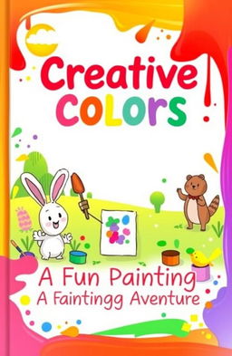 A vibrant and colorful book cover for a children's painting book, featuring playful brush strokes and splashes of paint in a rainbow palette