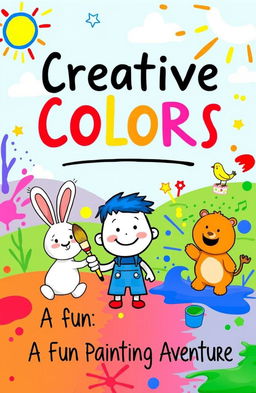 A vibrant and colorful book cover for a children's painting book, featuring playful brush strokes and splashes of paint in a rainbow palette
