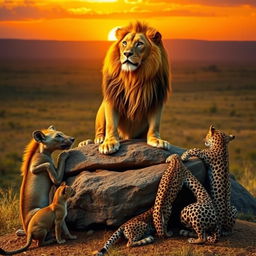 A striking scene featuring a powerful lion seated regally on a rocky outcrop, surrounded by a hyena, a cheetah, and a leopard all bowing down in a gesture of respect