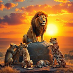 A striking scene featuring a powerful lion seated regally on a rocky outcrop, surrounded by a hyena, a cheetah, and a leopard all bowing down in a gesture of respect