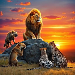 A striking scene featuring a powerful lion seated regally on a rocky outcrop, surrounded by a hyena, a cheetah, and a leopard all bowing down in a gesture of respect
