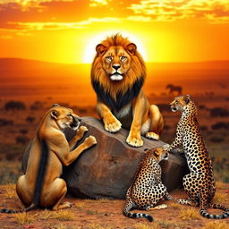 A striking scene featuring a powerful lion seated regally on a rocky outcrop, surrounded by a hyena, a cheetah, and a leopard all bowing down in a gesture of respect