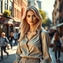 A realistic and beautiful woman, approximately 30-35 years old, of European descent, with striking blonde hair and a graceful figure, standing in an urban environment while looking directly at the camera in a full-length perspective