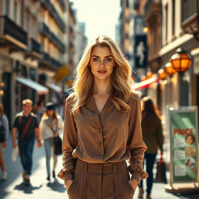 A realistic and beautiful woman, approximately 30-35 years old, of European descent, with striking blonde hair and a graceful figure, standing in an urban environment while looking directly at the camera in a full-length perspective