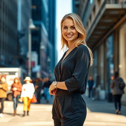 A realistic and beautiful woman, approximately 35-40 years old, of European descent, with stunning blonde hair and an elegant figure, captured in a full-length portrait
