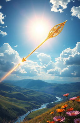 A vivid and enchanting scene featuring a mythical Sky Arrow soaring through a bright blue sky filled with fluffy white clouds