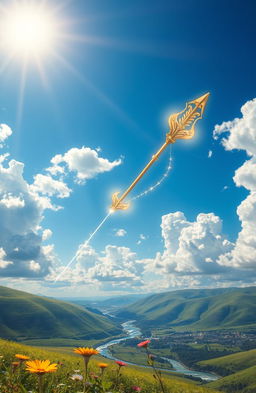 A vivid and enchanting scene featuring a mythical Sky Arrow soaring through a bright blue sky filled with fluffy white clouds