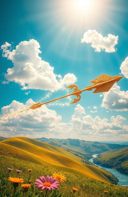 A vivid and enchanting scene featuring a mythical Sky Arrow soaring through a bright blue sky filled with fluffy white clouds
