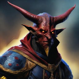 A high-quality digital art image of a Skaafin from the Elder Scrolls universe, with yellow skin, red eyes, devilish horns, and blue robes