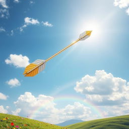 A beautiful and inspiring depiction of an 'arrow of hope', soaring high in a bright blue sky filled with fluffy white clouds