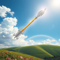 A beautiful and inspiring depiction of an 'arrow of hope', soaring high in a bright blue sky filled with fluffy white clouds