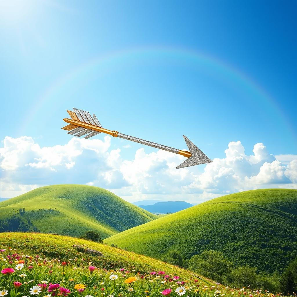 A beautiful and inspiring depiction of an 'arrow of hope', soaring high in a bright blue sky filled with fluffy white clouds