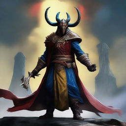 A high-quality digital art image of a Skaafin from the Elder Scrolls universe, with yellow skin, red eyes, devilish horns, and blue robes