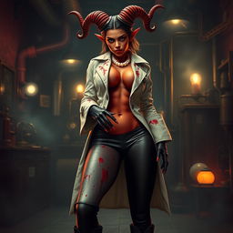 A captivating female demonic mad scientist with crooked spiral horns adorns her head, enhancing her menacing yet alluring appearance