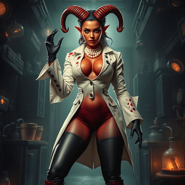 A captivating female demonic mad scientist with crooked spiral horns adorns her head, enhancing her menacing yet alluring appearance