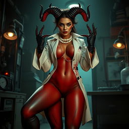A captivating female demonic mad scientist with crooked spiral horns adorns her head, enhancing her menacing yet alluring appearance