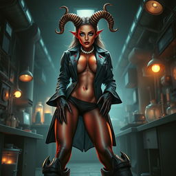 A captivating female demonic mad scientist with crooked spiral horns adorns her head, enhancing her menacing yet alluring appearance