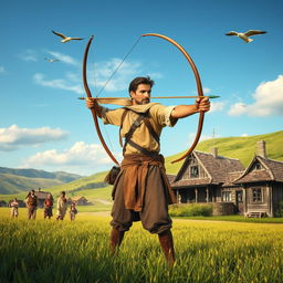 An inspiring scene depicting a determined man from a quaint small village, dressed in traditional archery attire, practicing his skills with a bow and arrow