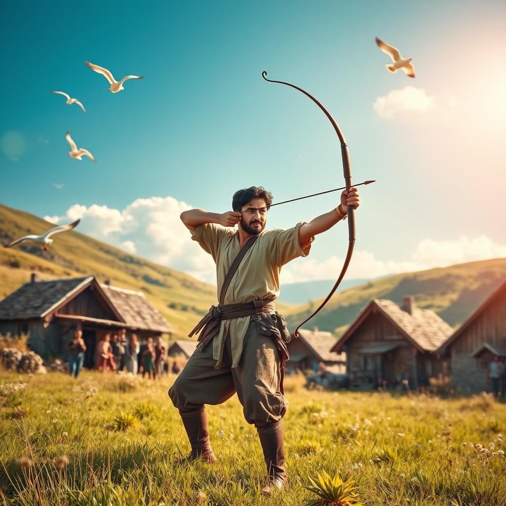 An inspiring scene depicting a determined man from a quaint small village, dressed in traditional archery attire, practicing his skills with a bow and arrow