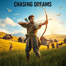 An inspiring scene depicting a determined man from a quaint small village, dressed in traditional archery attire, practicing his skills with a bow and arrow