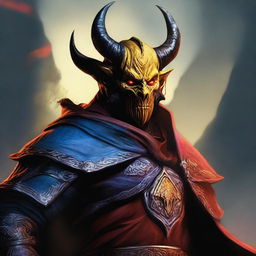 A high-quality digital art image of a Skaafin from the Elder Scrolls universe, with yellow skin, red eyes, devilish horns, and blue robes