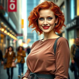 A realistic and beautiful woman, approximately 35-40 years old, of European descent, with vibrant red hair and charming freckles, showcased in a full-length portrait