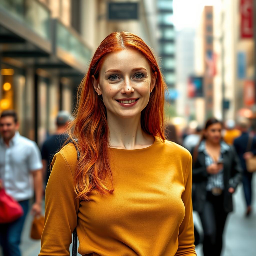 A realistic and beautiful woman, approximately 35-40 years old, of European descent, with vibrant red hair and charming freckles, showcased in a full-length portrait