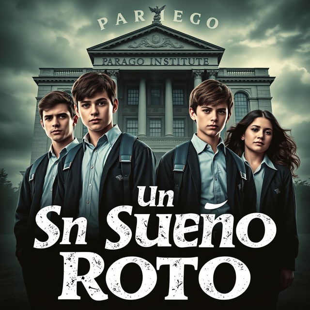 A visually striking book poster featuring four main characters: Ramiro, Andrea, Lucas, and Rebeca, all aged 16, dressed in school uniforms