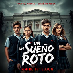 A visually striking book poster featuring four main characters: Ramiro, Andrea, Lucas, and Rebeca, all aged 16, dressed in school uniforms