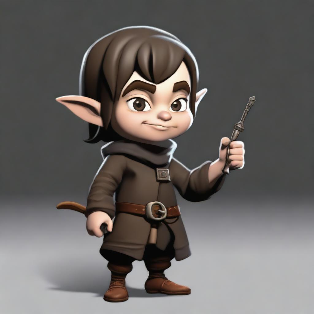 A semi-realistic digital art image of a Halfling Thief in dark clothes, holding a set of lock picks