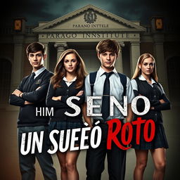 A poster featuring the main characters: Ramiro, Andrea, Lucas, and Rebeca, all aged 16, wearing school uniforms