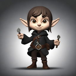 A semi-realistic digital art image of a Halfling Thief in dark clothes, holding a set of lock picks