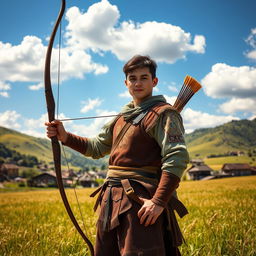 A young male archer standing proudly in a sunlit field, showcasing his skill and dedication